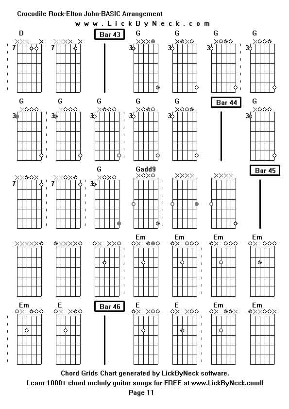 Chord Grids Chart of chord melody fingerstyle guitar song-Crocodile Rock-Elton John-BASIC Arrangement,generated by LickByNeck software.